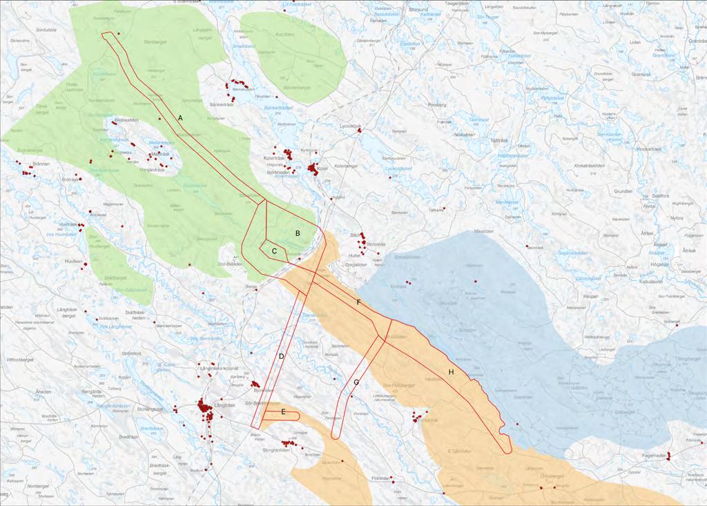 Befolkning och bebyggelse - Den byggnad som finns inom stråk B (Daludden) ska inte användas som bostad. - Närmast boende i Björkliden och Storgranliden, totalt cirka 21 personer.