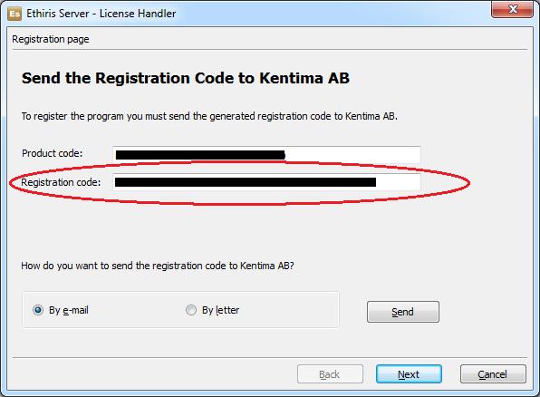 Nästa steg är att kopiera Registration code och att skicka koden till Kentima AB.