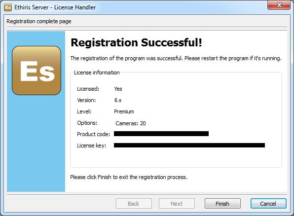 Figur 5 Registration Successful. Klicka Finish för att avsluta uppdateringen av licenskoden. Då är licensen förberedd för att köra version 6 av Ethiris. Nästa steg är att påbörja installationen.