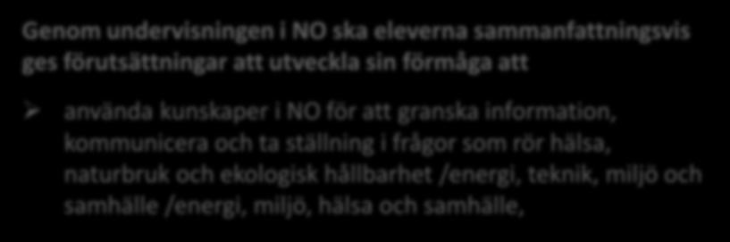 Att tydliggöra målen syfte och kunskapskrav Kursplan SYFTE CENTRALT INNEHÅLL KUNSKAPS- KRAV Genom undervisningen i NO ska eleverna sammanfattningsvis ges förutsättningar att utveckla sin förmåga att