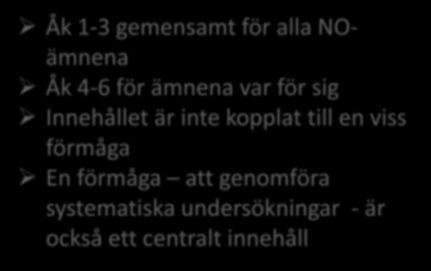 Att tydliggöra målen centralt innehåll Kursplan SYFTE CENTRALT INNEHÅLL KUNSKAPS- KRAV Åk 1-3 gemensamt för alla NOämnena Åk 4-6 för ämnena
