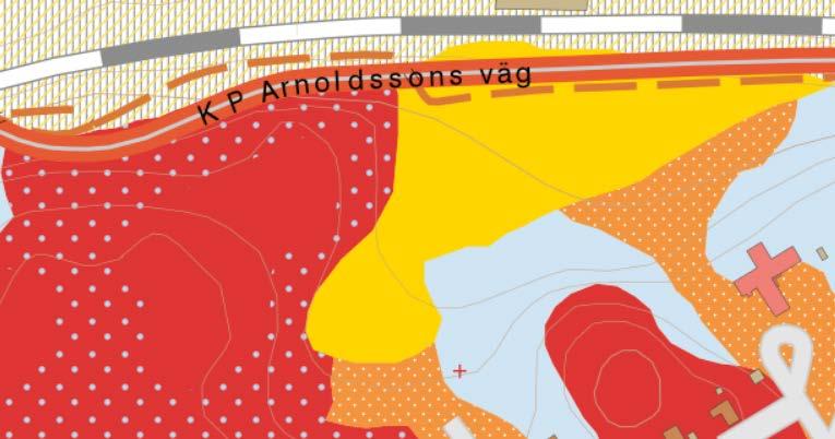 6 Figur 3.2 Utdrag över undersökningsområdet. Gult visar glacial lera, ljusblått visar morän, orange visar postglacial sand och rött visar berg i dagen med tunna skikt morän fläckvis. 3.2.2 Byggnader och markinstallationer Inga byggnader finns på fastigheten.