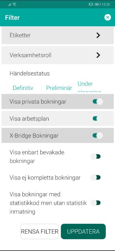 5. FILTER Längst upp till vänster finns knappen filter. Denna syns i alla vyer utom statistikvyn. Via den kan du filtrera bokningar som du inte vill se just nu.