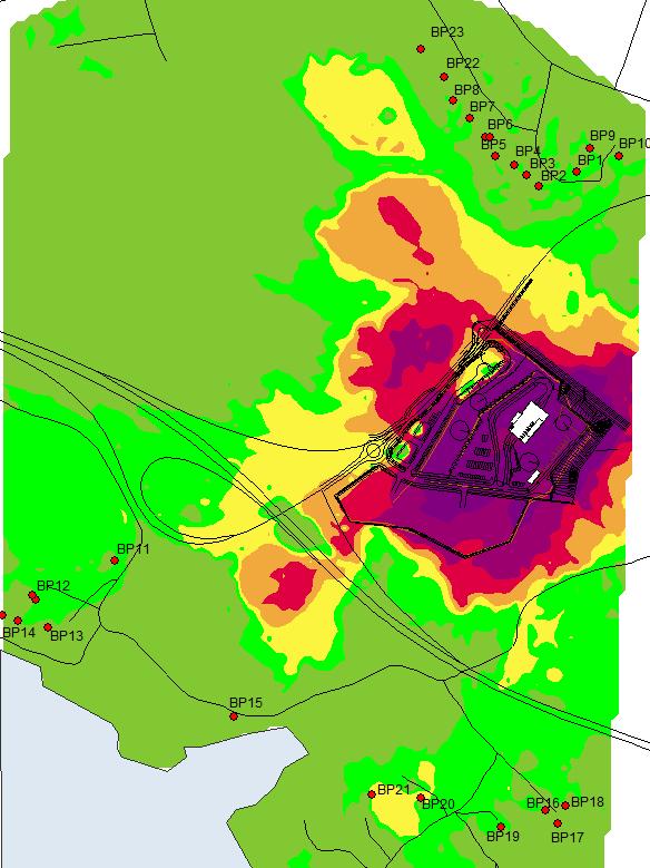 Figur 3: Bullerutbredningskarta 2 m över mark för situation