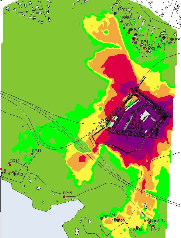 Figur 4: Bullerutbredningskarta 2 m över mark för