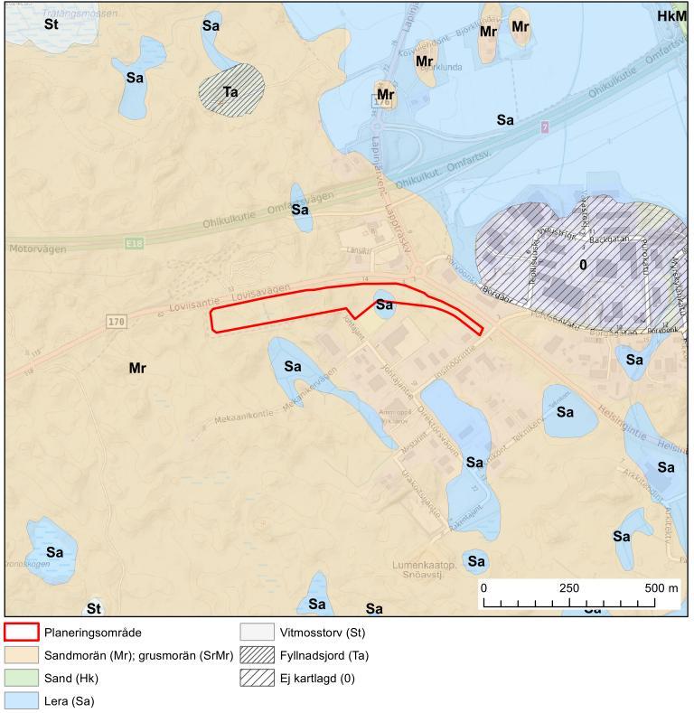 3 2.2.2 Mark och berggrund Marken på planområdet består huvudsakligen av sandmorän och på ett litet område lera.