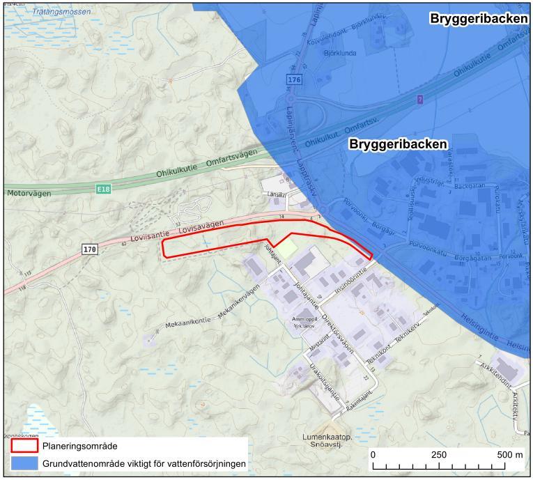 4 2.2.3 Vattendrag och vattenhushållning Nordost om planeringsområdet och till en liten del på planeringsområdet finns Bryggeribackens grundvattenområde (0158555), som är viktigt för