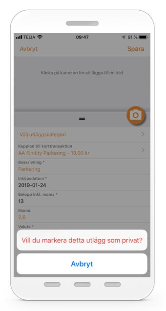 5. Markera ett utlägg som privat När företaget har betalansvaret så kan man välja att markera ett utlägg som privat.