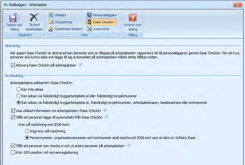 4. Under Ease CheckIn kan du bland annat aktivera användning och ändra inställningar för