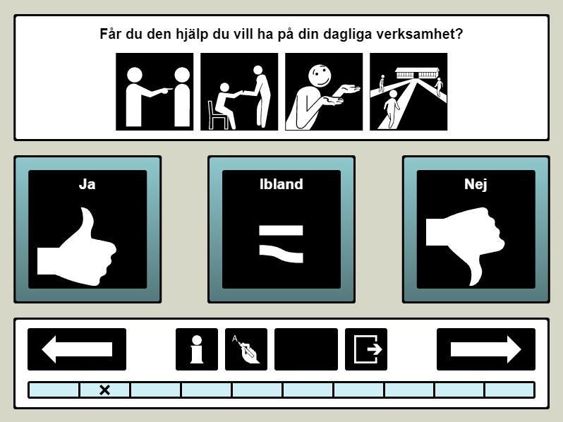 Bakåtpilen används för att backa och gå tillbaka till föregående fråga. Informationsknappen (i) ger en kort muntlig genomgång av hur programmet fungerar.