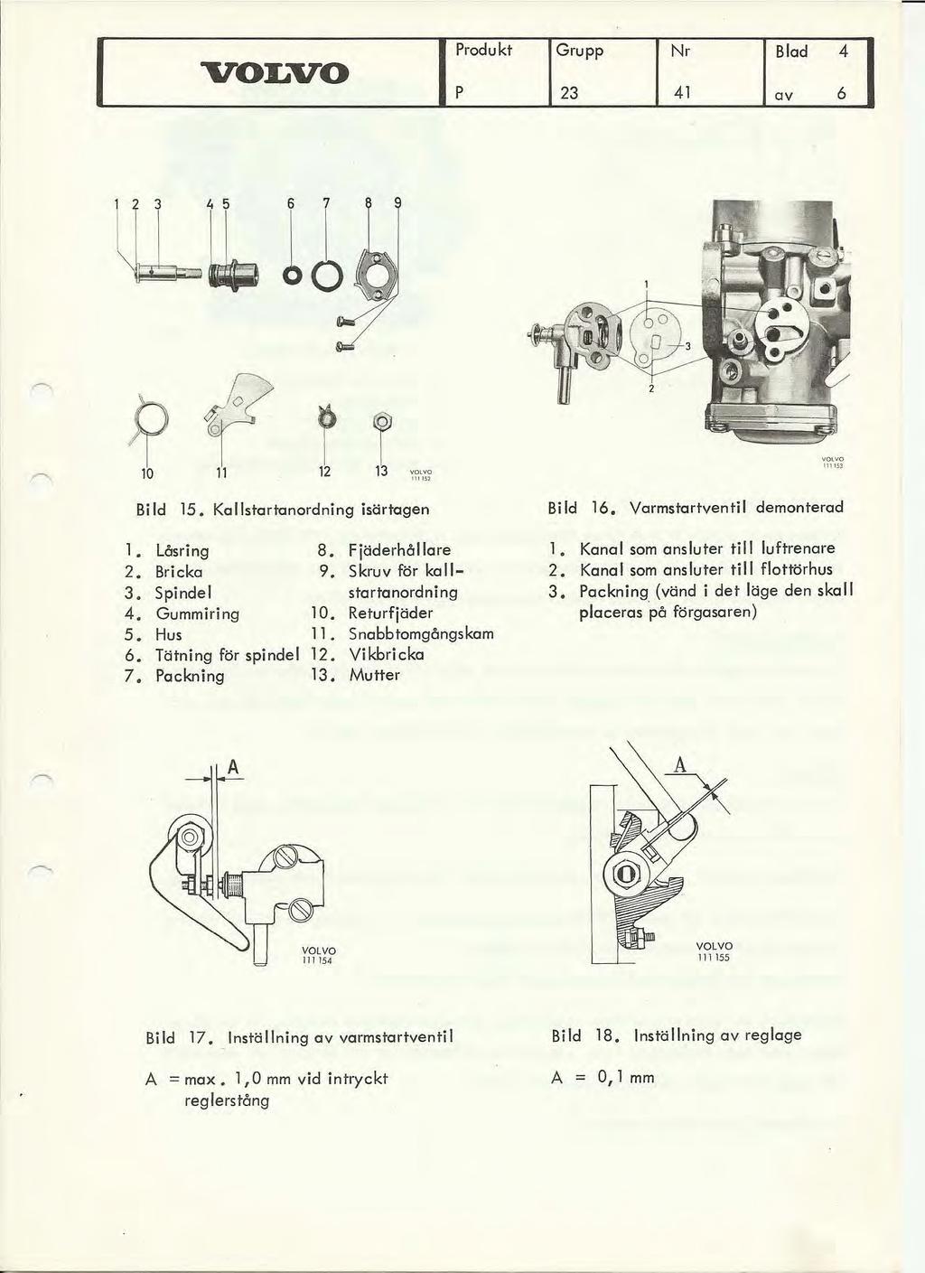 Produkt P Nr 41 4 6 f f 11 12 13 O LVO,,,,,, ~o O OLVO 111153 Bild 15. Ka lstarlanordni ng isärtagen Bild 16. Varmstartventil demonterad l. 2. 3. 4. 5. 6. 7.