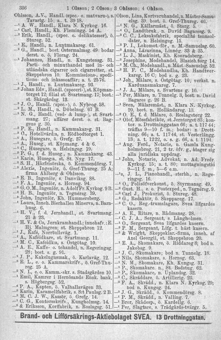 336 1 Olsson j 2 Olson; 3 Ohlsson; 4 Ohlson. Ohlsson, A.V., Handl, (spec.- o. matvara-j, s. Olson, Lina, Kortvaruhandel, n. Mäater-Samu- Tavastg. 15; a.. t. 39 18. elsg. 39. bost. ö. Gref-Thureg. 40.