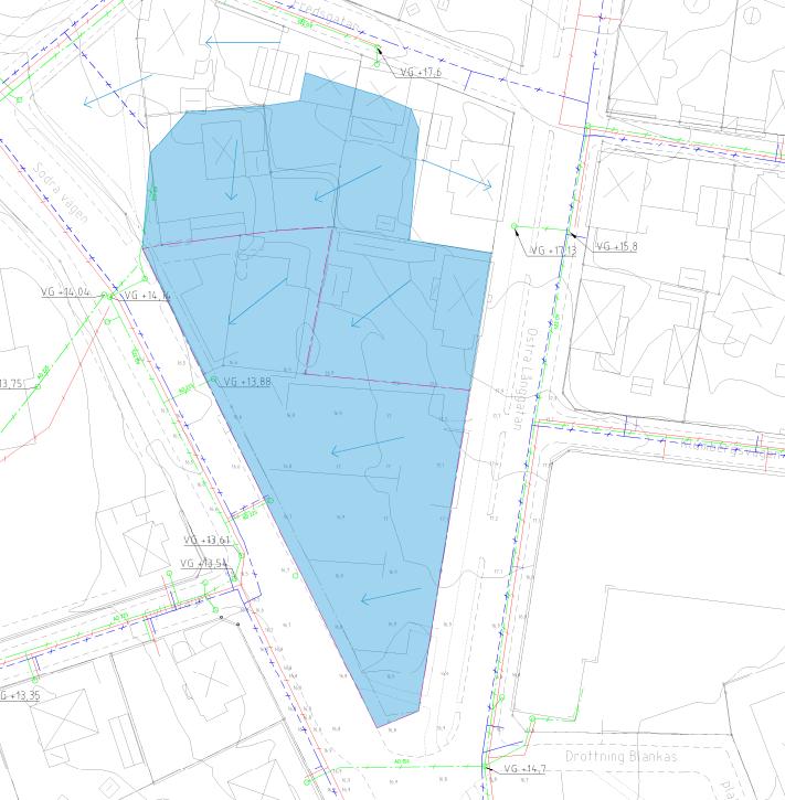 Figur 7: Avrinningsområde för planområdet. Ytvattnet rinner idag av längs planområdets västra sida ut mot Södra vägen. För detaljer se Bilaga 2. 3.5.