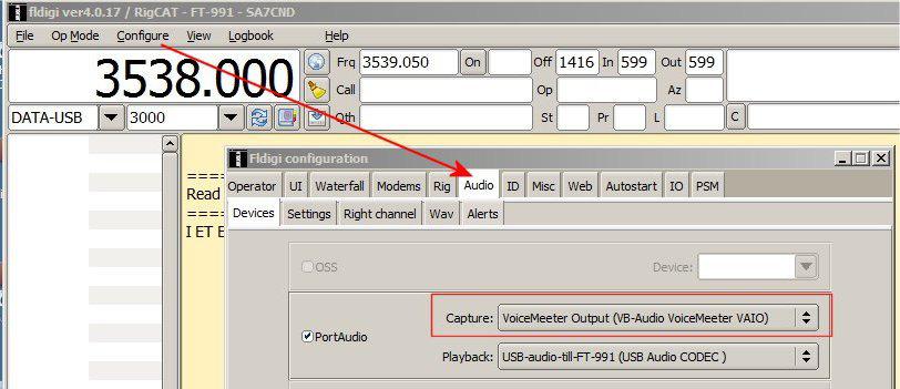 Bild 6. I FLDIGI ska man välja Capture-enhet = Voicemeeter Output (ej Aux). En trevlig egenskap i Voicemeeter är att du kan köra ett tillhörande program Macro Buttons där du bl.