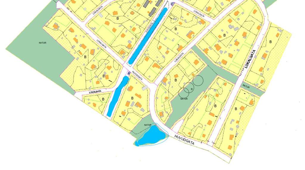 Figur 2 Planområdet efter exploatering. Naturmark (grönt), ny och befintlig bebyggelse (gult), skola (rött) och föreslagna LOD-åtgärder (blått). 3.