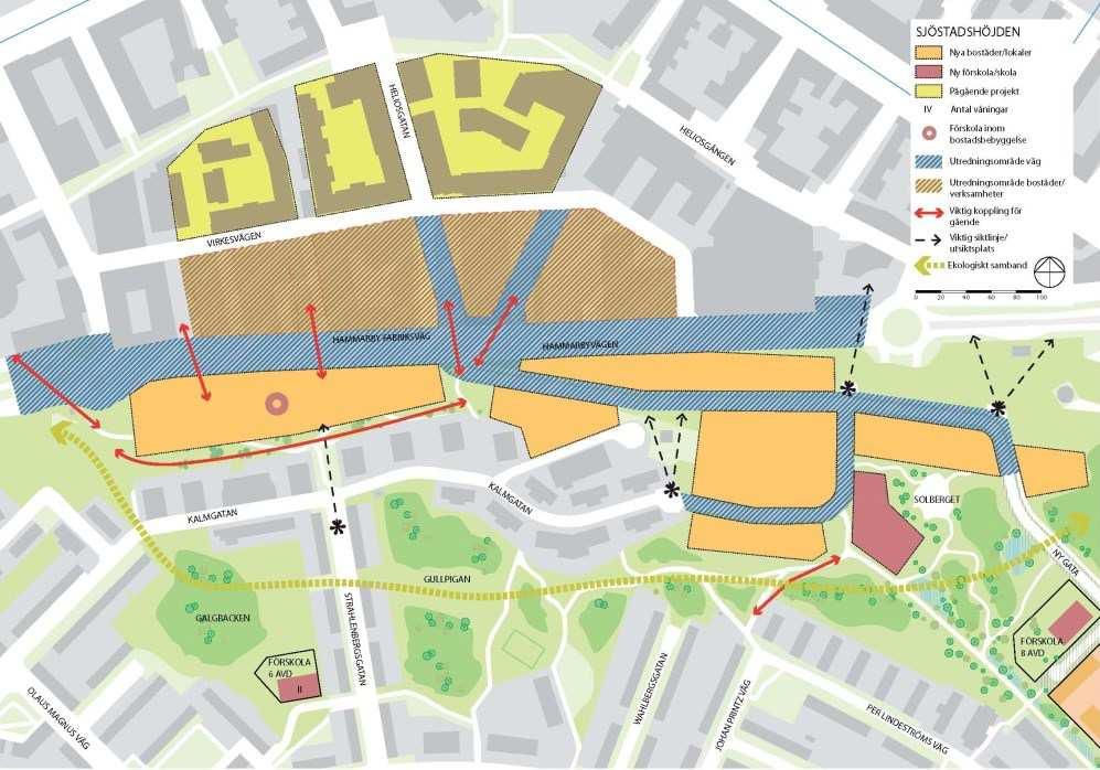Sida 6 (23) Prioriterade utvecklingsområden Stadsdelarna utvecklas med tre större bebyggelseområden, Sjöstadshöjden, Hammarbyskogen och Nytorps gärde, samt elva mindre kompletteringar i befintlig