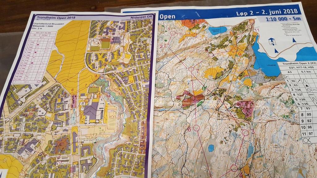 Orienteringsbanorna från tävlingshelgen. Till vänster syns sprintkartan och till höger syns den förlängda medeldistanskartan.