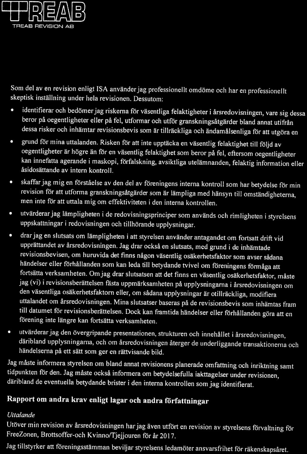 TREAB REVISION AB Som del av en revision enligt ISA använder jag professionellt omdöme och har en professionellt skeptisk inställning under hela revisionen. Dessutom:.