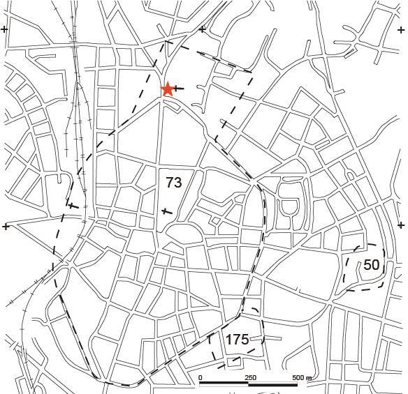 Figur 1. unds medeltida stad, fornlämning 73, med platsen för undersökningen markerad med en röd stjärna.