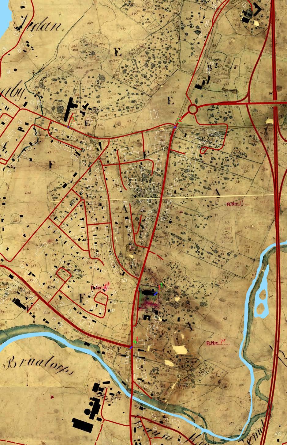 KARTOR Söderåkra. 2017 års karta med dagens vägar i rött ovanpå en karta från 1822.