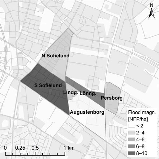 Figur 5. Översvämningsmagnituden (NFP/ha) för Augustenborg och fem jämförbara områden den 31 augusti 2014. Hög översvämningsmagnitud visas i mörkgrå och låg i ljusgrå.