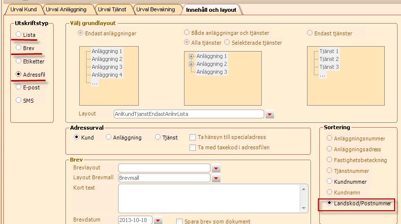 Scrum 34635 ärende 51102 Kund>Lista/Brev samt Lista Anläggning och Lista Tjänst. Det finns numera stöd i EDPFuture för att sortera brev och hämtscheman på landskod/postnummer.