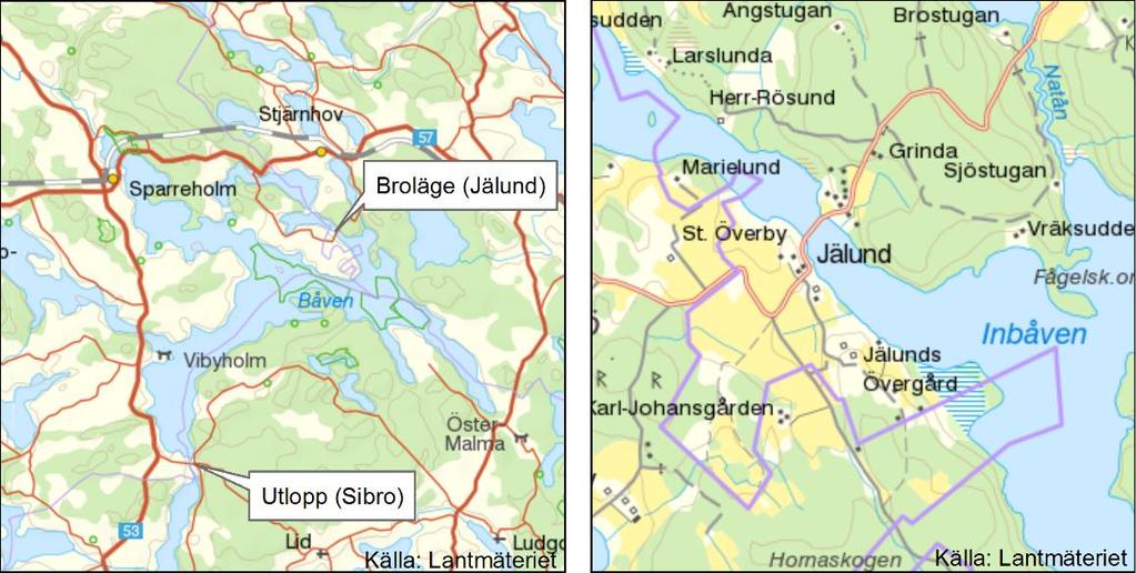Figur 1. Båven och broläget vid Jälund. Förändringar i reglering Sibro dämme är under utredning och kommer att förändras. Dämmet har inget tillstånd för hur vattennivån regleras i Båven idag.
