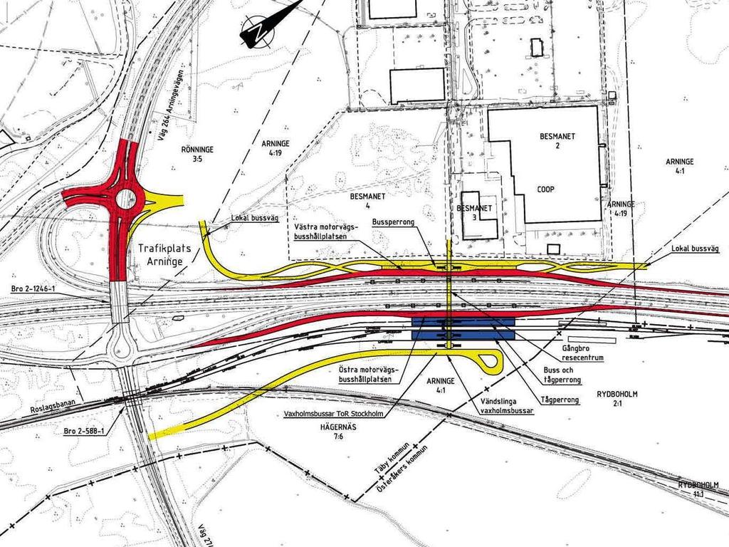 Figur 3.2.2 Arninge resecentrum principlösning 1 I Principlösning 1 byggs Vaxholmsslingan på östra sidan av både E18 och Roslagsbanan.