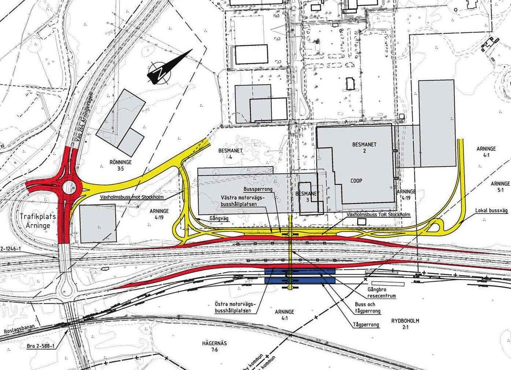 Figur 3.2.3 Arninge resecentrum Principlösning 2 I principlösning 2 föreslås Vaxholmsbussarna angöra Arninge resecentrum på västra sidan av E18. Detta alternativ valdes främst bort pga.