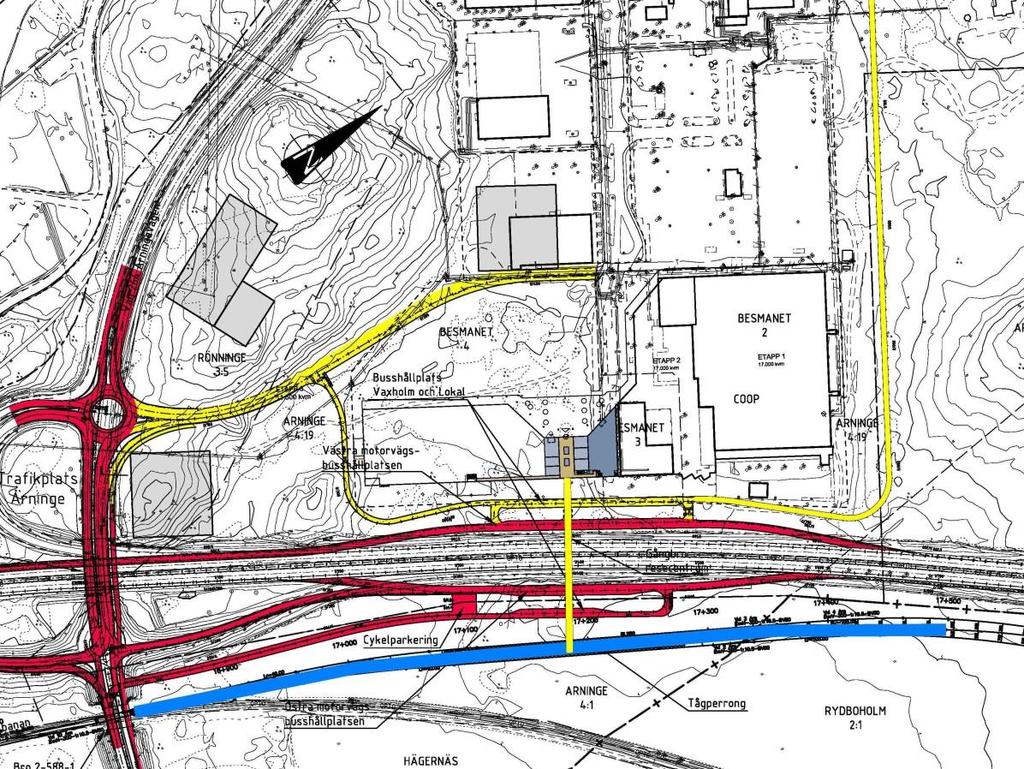 Figur 3.2.4 Arninge resecentrum principlösning 3 I principlösning 3 föreslås Vaxholmsbussarna angöra Arninge resecentrum på östra sidan av E18 mellan motorvägsbusshållplatsen och Roslagsbanan.