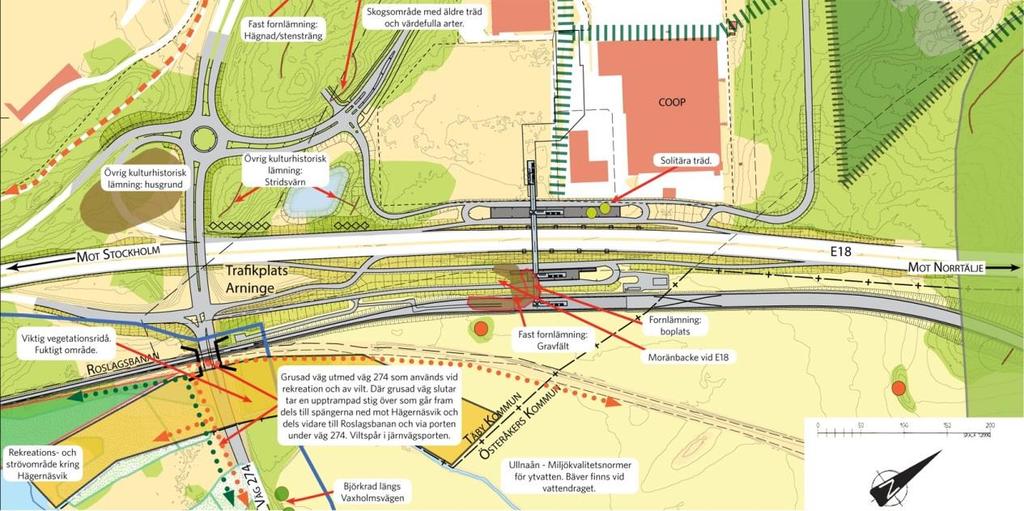 Landskap och bebyggelse Vid Arninge präglas landskapsbilden i dag av infrastruktur och bebyggelse.
