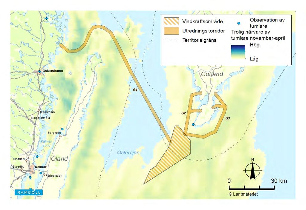 Ramboll - Skåne, Öland och Gotland havsvindpark Figur 3-6 Densitetskarta över tumlare vid Gotlands Havsvindpark (vinter).