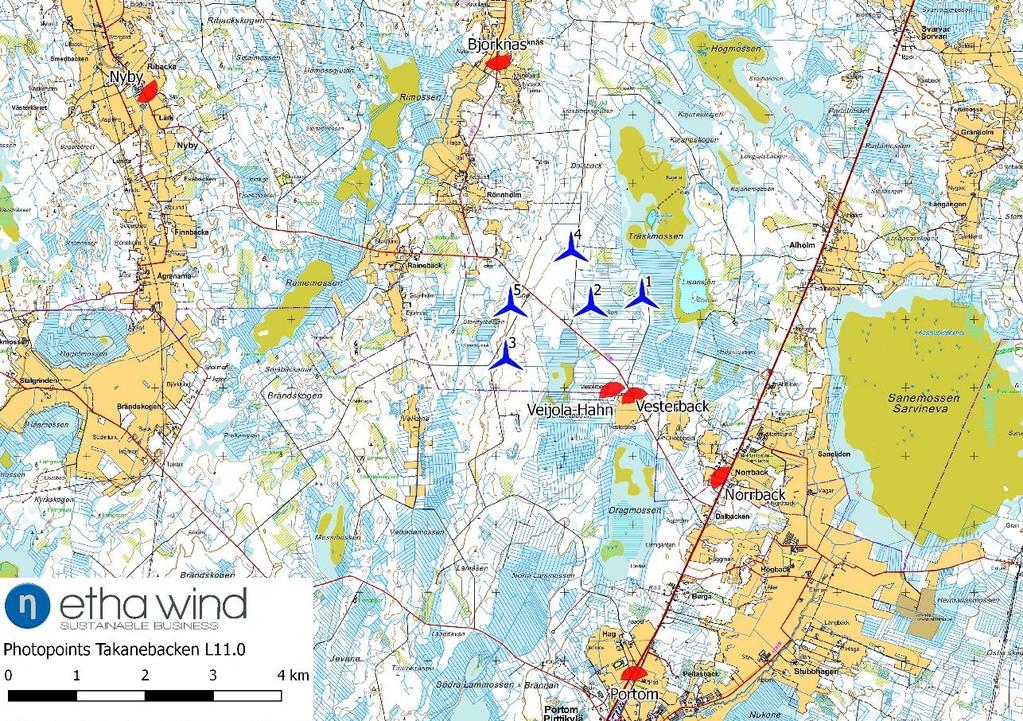 Sida 9 av 11 Figur 1. De sex kamerapositionerna och placeringen av de fem turbinerna. 3 Referenser Etha Wind Oy (2015).