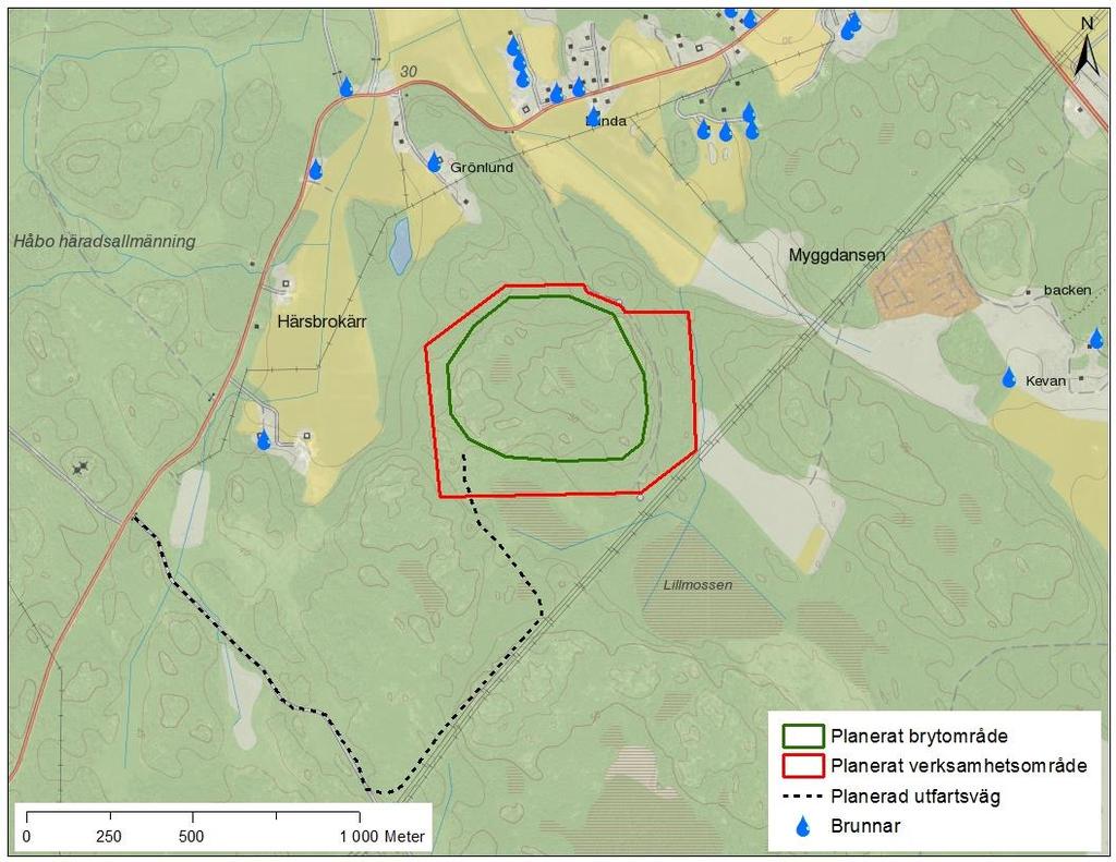 Figur 3.6.2 I anslutning till kringliggande bebyggelse finns privata brunnar. ( Lantmäteriet) 4 VERKSAMHETSBESKRIVNING 4.