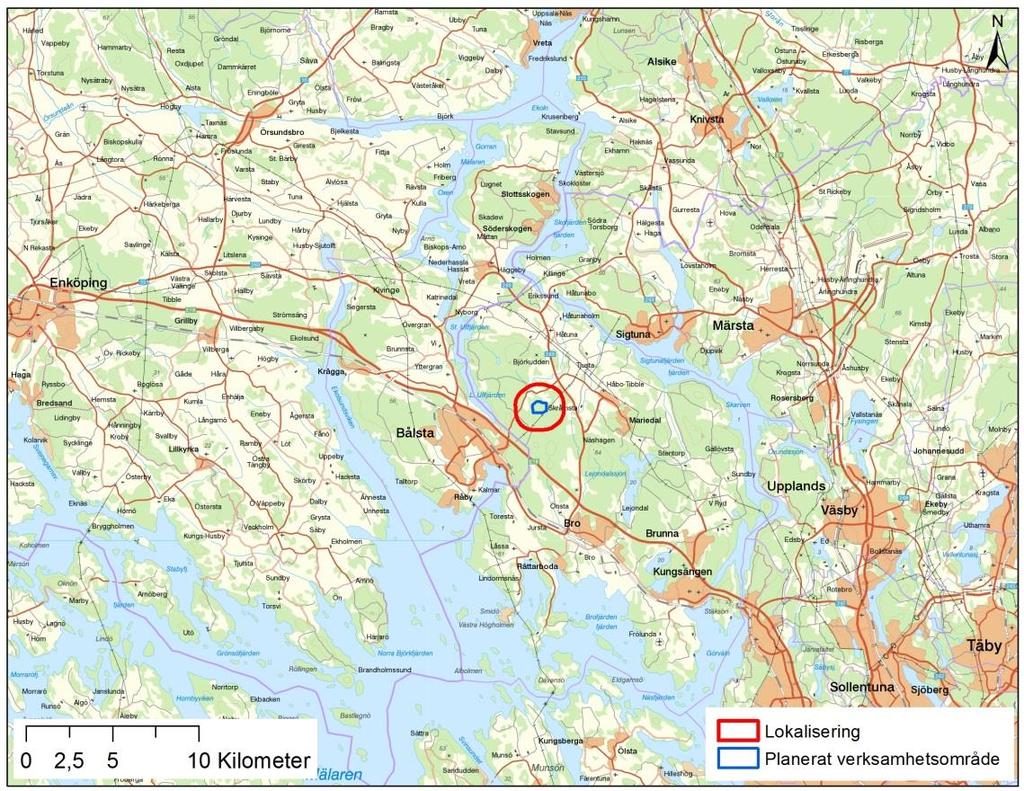 3 OMRÅDESBESKRIVNING Den planerade bergtäkten ligger ca 4,5 km ost-nordost om Bålsta centrum, Upplands-Bro kommun, Figur 3.1.