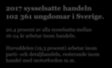 Handeln är den enskilt största arbetsgivaren för unga Andel sysselsatta 16-24 år per bransch Handel 20,4% Vård och omsorg; sociala tjänster Hotell- och restaurangverksamhet Uthyrning,