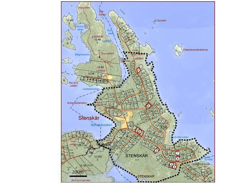 Figur 1 Stenskär. De tillkommande fastigheterna är markerade med rött och är utspridda inom planområdet.