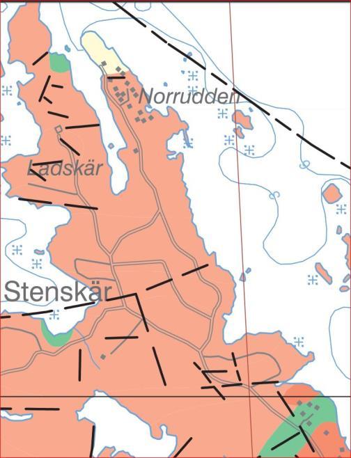 Figur 2. Berggrundskarta. Röd färg markerar äldre rödaktig granit. Gröna områden består av amfibolit och ljusgula av sura vulkaniska bergarter. De svarta strecken är grovt tolkade sprickzoner.