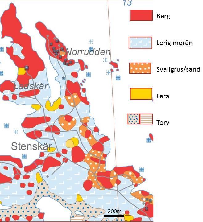 Figur 3 och 4 Utsnitt ur SGUs digitala jordartsgeologiska karta (t.v) samt en beräkning av jordlagrens mäktighet. (t.h) SGU) Geologiska förutsättningar för vattentillgång Generellt är förutsättningarna för vattenuttag i området begränsade.