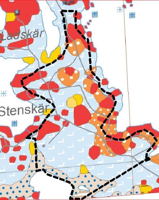 Figur 6 Geologisk karta över Stenskär med avgränsning av