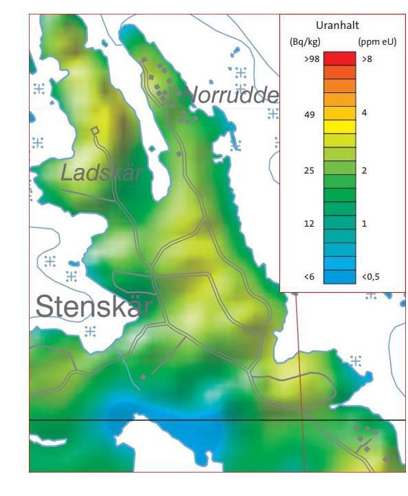 Figur 9 Halt av uran i jord och berg uppmätt genom flygmätningar over Stenskär.