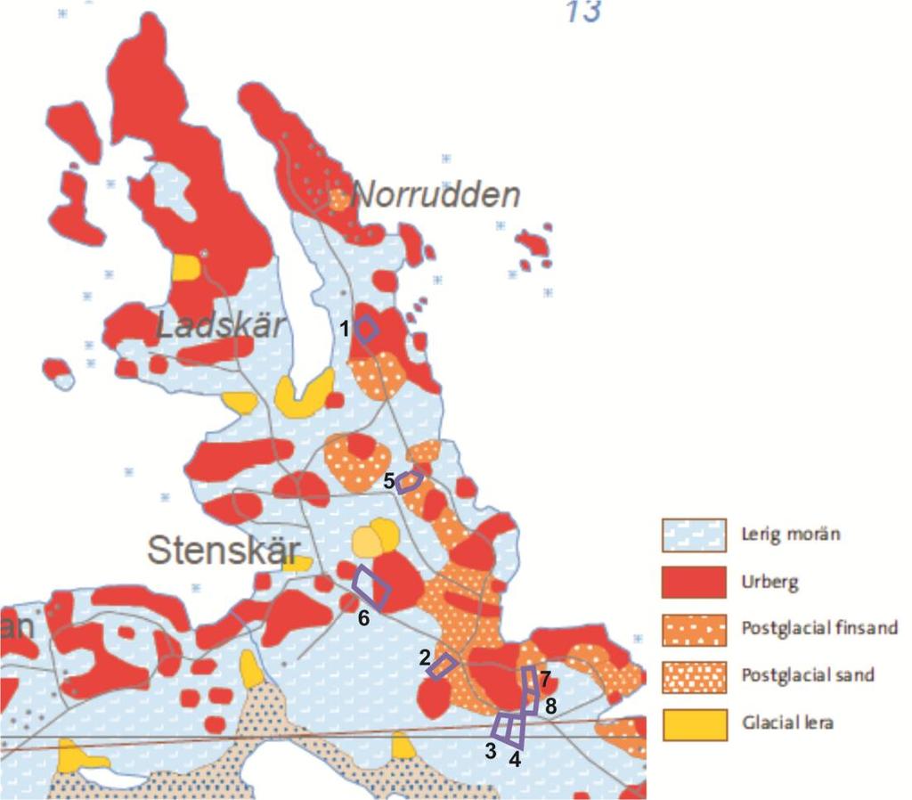 Figur 3. Jordartsfördelning inom området. (Bilden är ett utsnitt från SGU:s Jordartskarta 1:25 000.) 2.