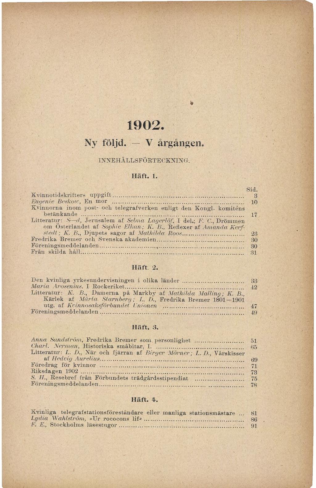 1902. k Ny följd. Y årgången. INNEHÅLLSFÖRTECKNING. Häft. 1. Sid. Kvinnotidskrifters uppgift... 3 Eugenfa Beskow, En mor.