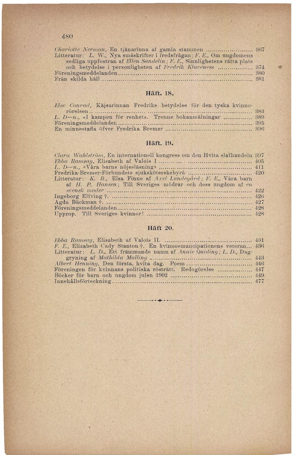 480 Charlotte Neman, En tjänarinna af gamla stammen... 367 Litteratur : L. W., Nya småskrifter i fredsfrågan : F. E., Om ungdomens sedliga uppfostran af Ellert Sandelin; F. E., Sinnlighetens rätta plats och betydelse i personligheten af Frmlrik Klarenrsr.