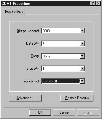 Upgrading your 1394 GMC Turbo Firmware 5 11. Make the following selections in the COMx Properties window: 12.Select OK. The COM Port Properties window disappears.