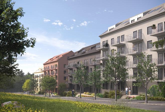 Illustration bostäder Kvarter A, vy från Söderholmsgränd. Byggnaderna föreslås ta upp kulörer från omgivande bebyggelse och ha en kulör per hus.