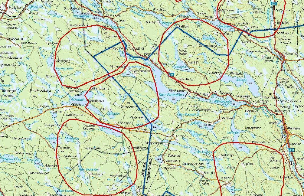 Figur 2. Exempel från Västernorrlands län på hur datalagring kopplat till revirpolygoner i Rovbase skulle kunna se ut. De röda linjerna motsvarar respektive revir. 7.3.