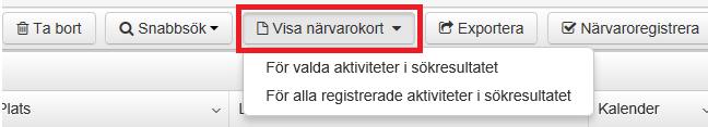 Närvarokort Hur du söker fram aktiviteterna är extra viktigt. Klicka på Närvaroregistrering (under Aktivitet). Närvarokorten genereras av de sökkriterier som du anger. För att t.ex. ta fram närvarokort på alla inskickade aktiviteter för perioden lämna alla fält tomma och välj endast period och registreringsstatusen Inskickade.