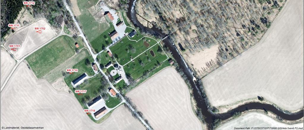 I östra delen av planområdet fördelades provpunkter i huvudsak ut i det område som planeras att bebyggas enligt planförslaget, provpunkt SW1705-SW1710. Området utgörs i dagsläget av åkermark.