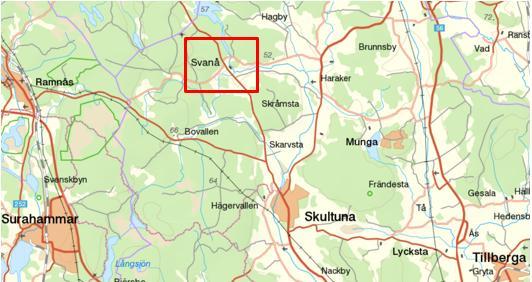 Figur 2. Lokaliseringsplan. Undersökningsområdet återfinns inom röd ram nordväst om Skultuna, Västerås kommun 3. Undersökningsområdet återfinns i gammalt brukslandskap med skog och åkermark.